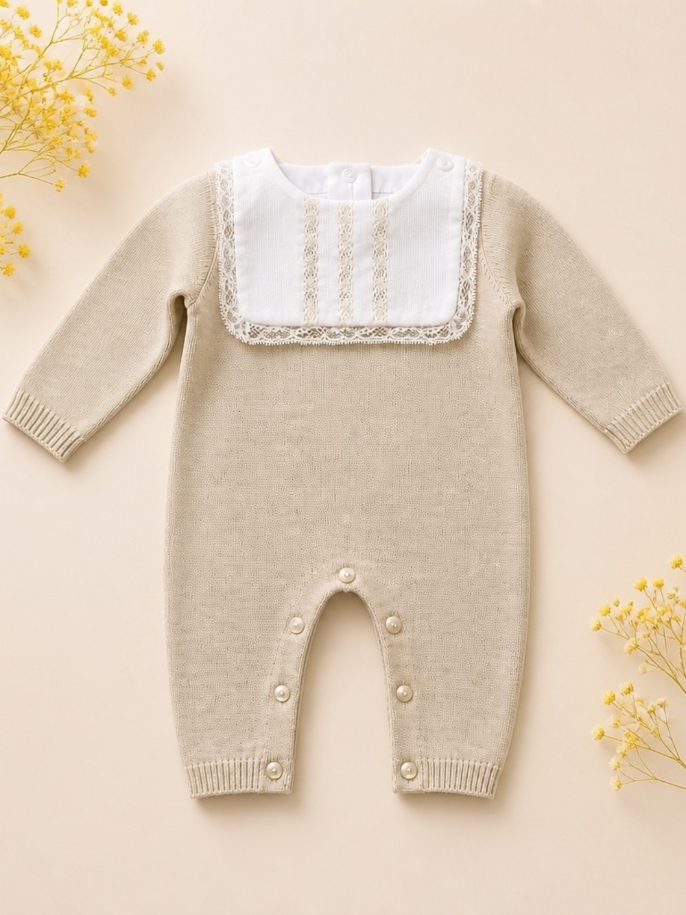 Classic Lace Detachable Bib Knit One-Piece Romper in Beige